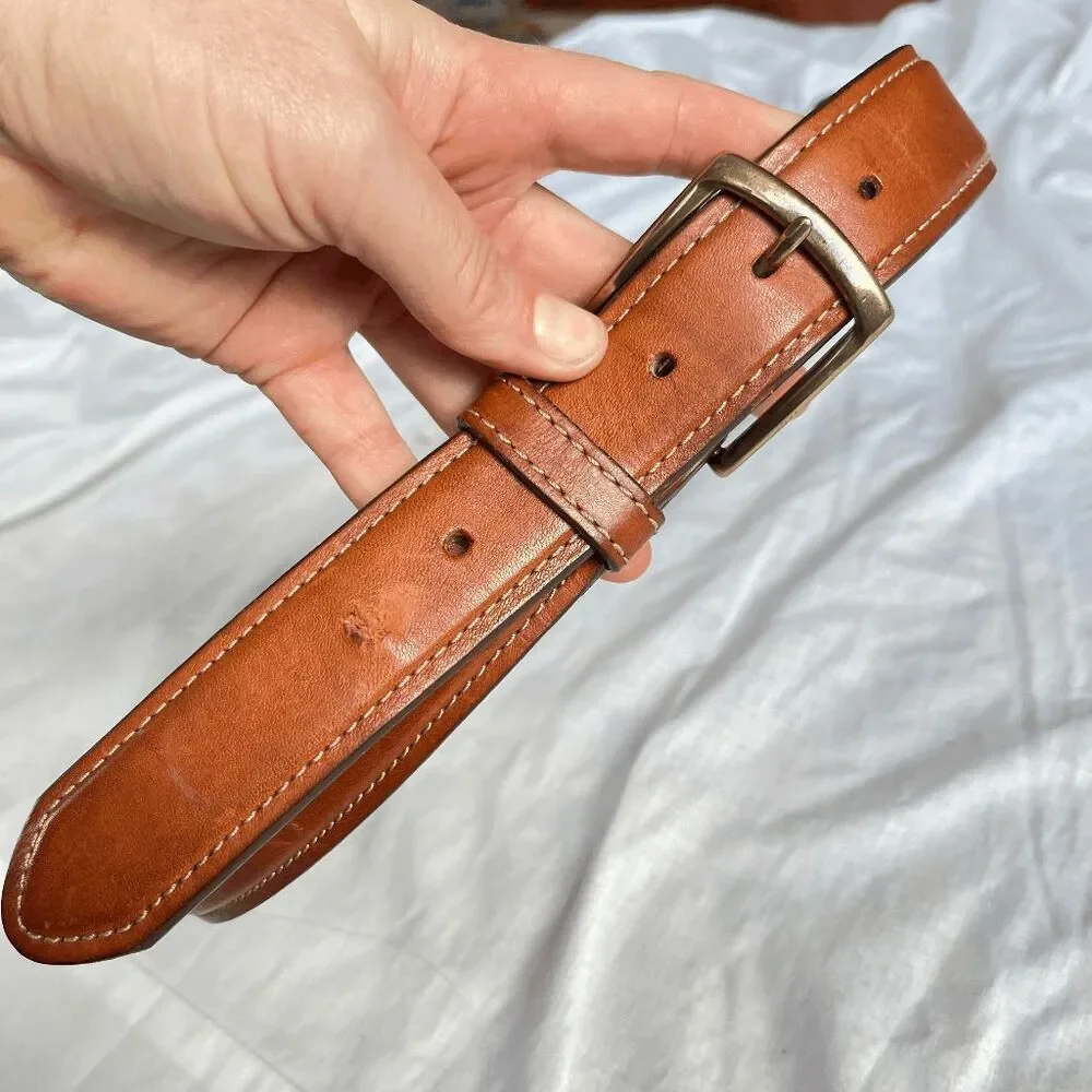 LL Bean Leather Belt Solid Brass Buckle USA Made Brown Casual Heritage 34